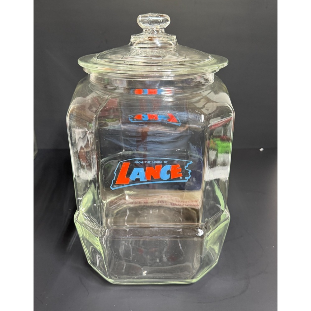Vintage 8-Sided Lance Glass Display Counter‎ Cookie Cracker Jar w/ Embossed Lid